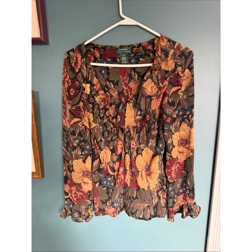 Lauren Ralph Lauren Floral Ruffle-Neck Blouse - 100% Silk
